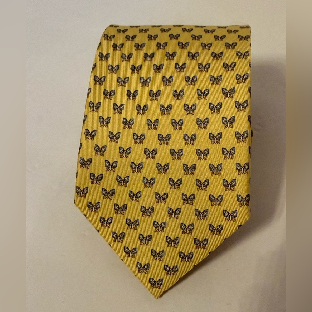 SALVATORE FERRAGAMO Italy Silk Tie Yellow with blue & brown butterflies